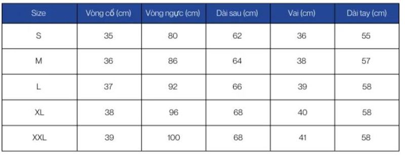 Bảng size áo nữ theo số đo cơ thể