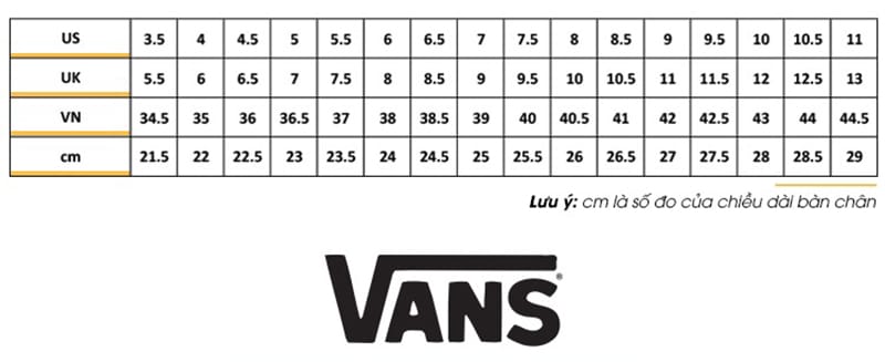 Bảng size giày thương hiệu Vans