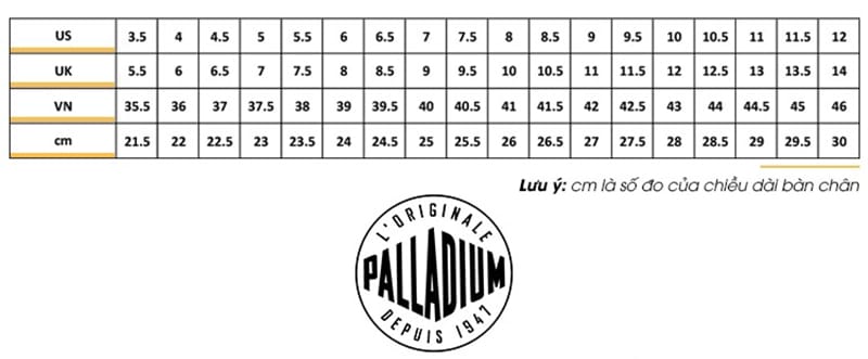 Bảng size giày thương hiệu Palladium