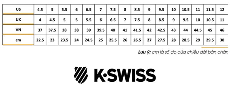 Bảng size giày thương hiệu K-Swiss